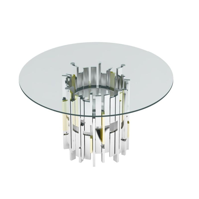 Chintaly VERONA Contemporary Round Glass Table w/ Steel & Golden Cluster Design Base