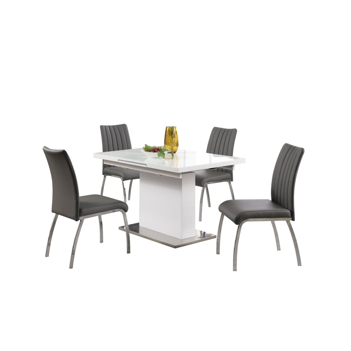 Chintaly VANESSA Contemporary Pop-Up Extendable White Glass Dining Table & 4 Channel Back Side Chairs