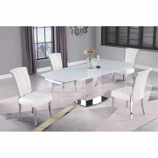 Chintaly MAVIS-WHT Dining Set w/ Extendable White Glass Table & Tufted Back Side Chairs