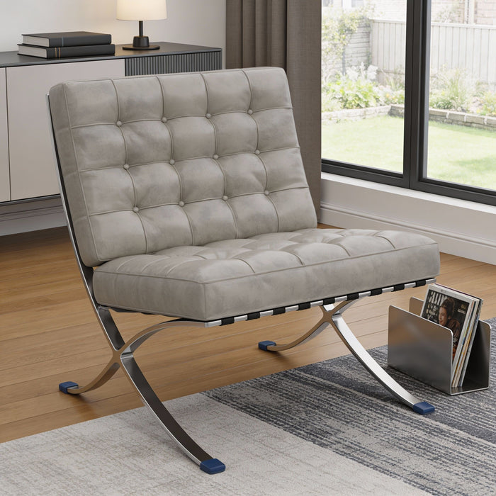 Tufted Faux Leather Stainless Steel Folding Lounge Chair - Gray / Silver