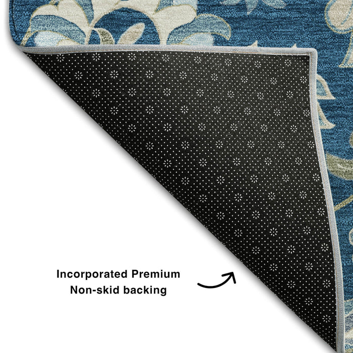 10' X 14' Floral Washable Area Rug With UV Protection (678994) - Navy Blue / Ivory / Beige