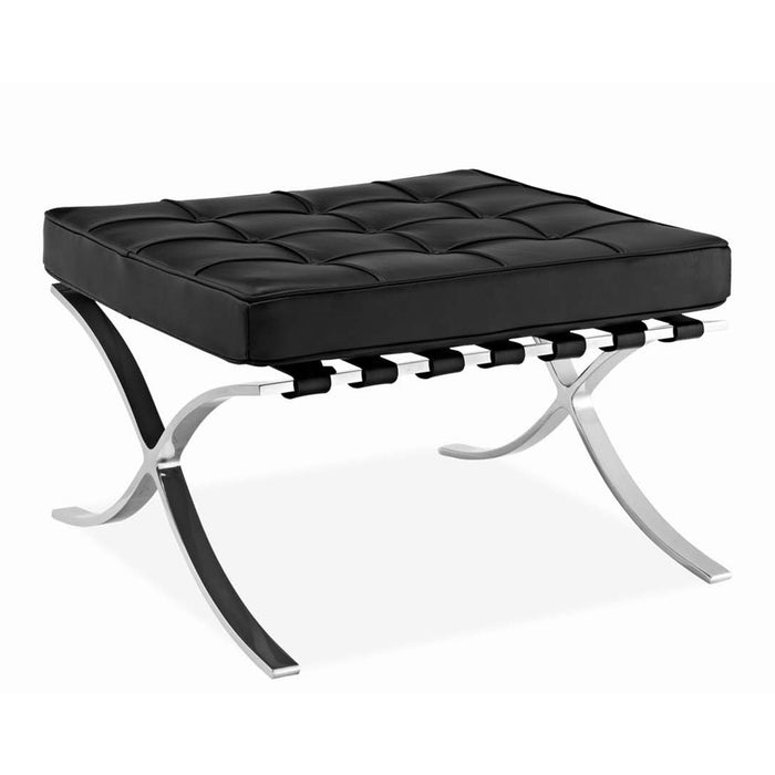 Genuine Leather And Silver Tufted Footstool Ottoman - Black
