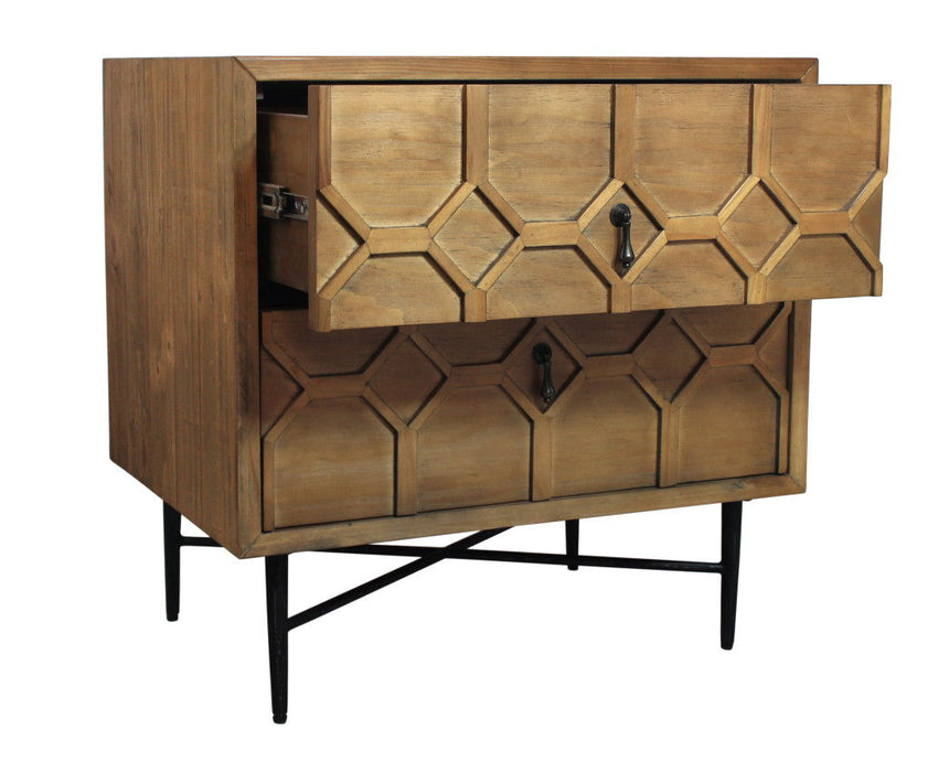 28" Two Drawer Distressed Carved Geometric Solid Wood Nightstand - Natural
