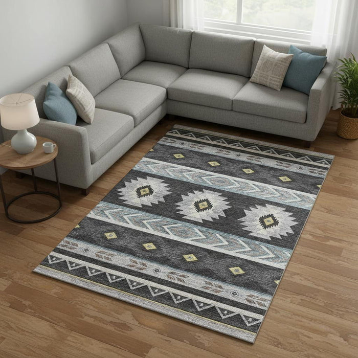 8' X 10' Geometric Washable Area Rug With UV Protection (645664) - Midnight / Gold / Ivory