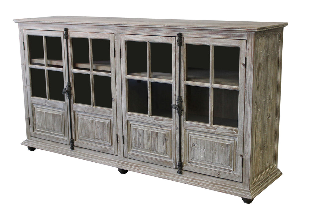 Solid Wood Four Door Side Board With Glass Inserts - White / Wash Gray