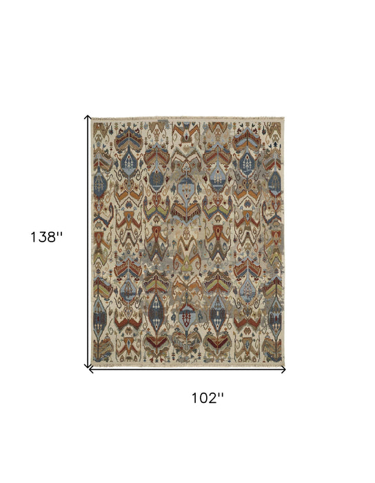 8' x 12' Wool Ikat Hand Knotted Area Rug With Fringe - Ivory Blue And Brown