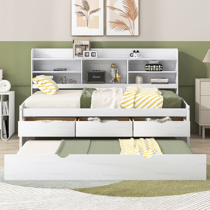 Giga Captain Bed with built-in bookshelves, three storage drawers, and trundle, made of wood with a modern design and clean finish.