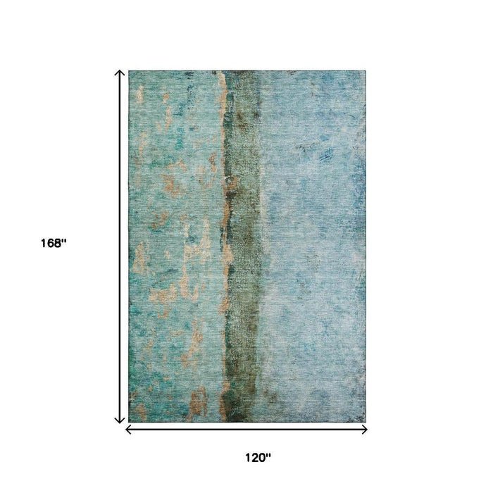 10' X 14' Abstract Washable Area Rug With UV Protection (651022) - Blue / Gold / Green
