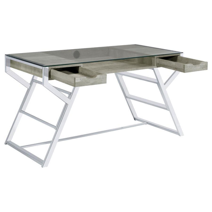 Emelle - 2-Drawer Glass Top Writing Desk - Gray Driftwood And Chrome