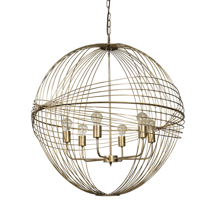 Gold metal and glass caged six-light chandelier with shades, dimmable, designed by HomeRoots for modern lighting.