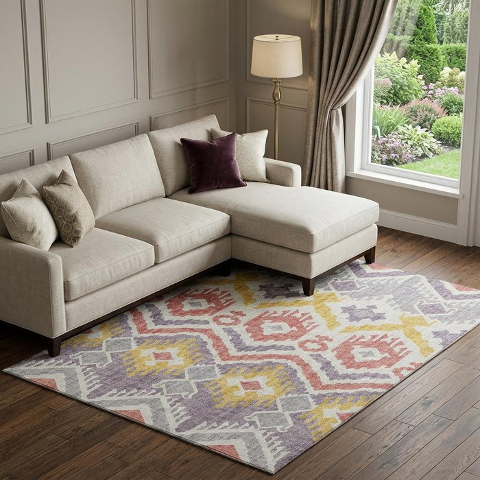 10' X 14' Tribal Washable Area Rug With UV Protection (644790) - Purple / Ivory / Gold
