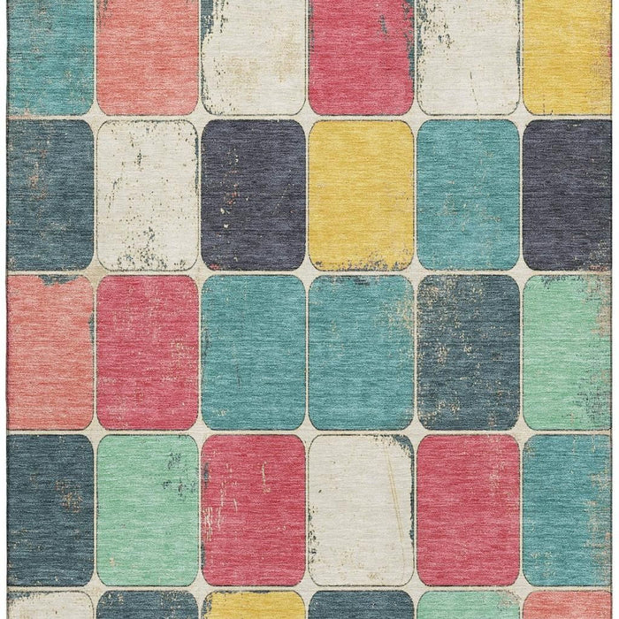 10' X 14' Geometric Washable Area Rug With UV Protection (709138) - Teal / Blush / Yellow