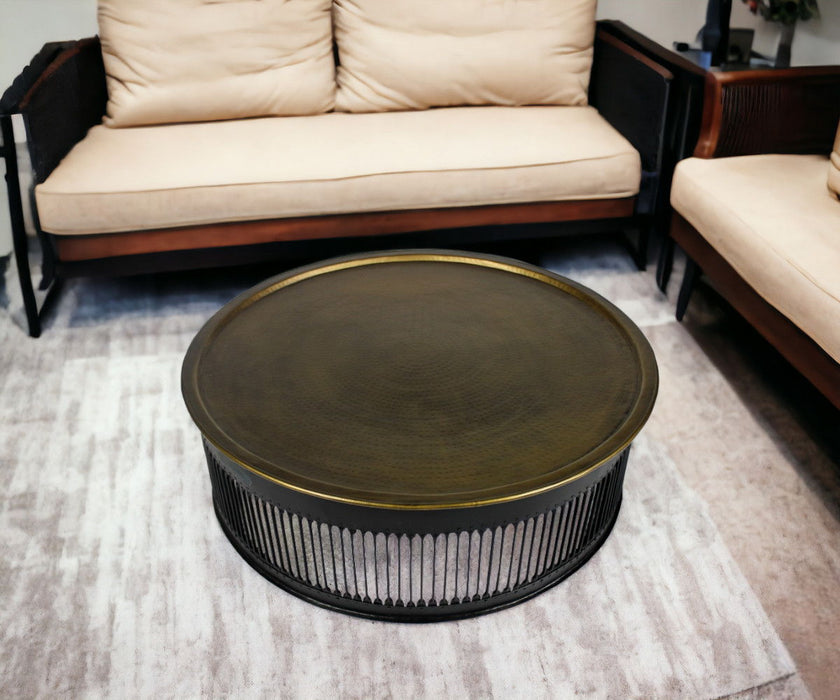 Round Drum Shaped Brass Coffee Table - Black