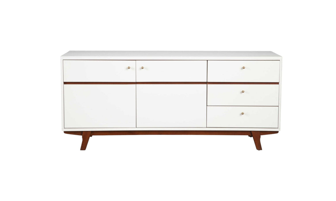 White mahogany solids and veneer TV stand with enclosed storage and open shelf, ideal for modern living room decor.
