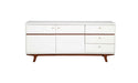 White mahogany solids and veneer TV stand with enclosed storage and open shelf, ideal for modern living room decor.