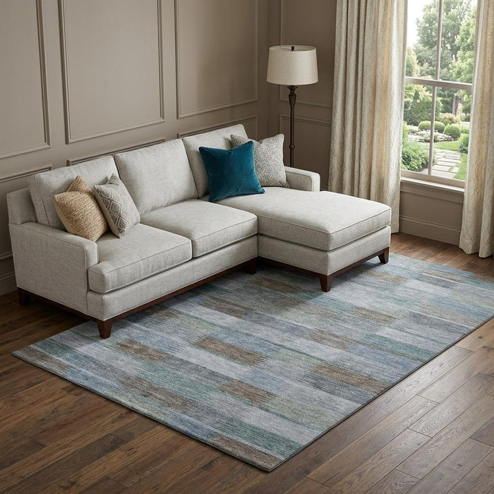 10' X 14' Striped Washable Area Rug With UV Protection (695318) - Blue / Teal / Brown