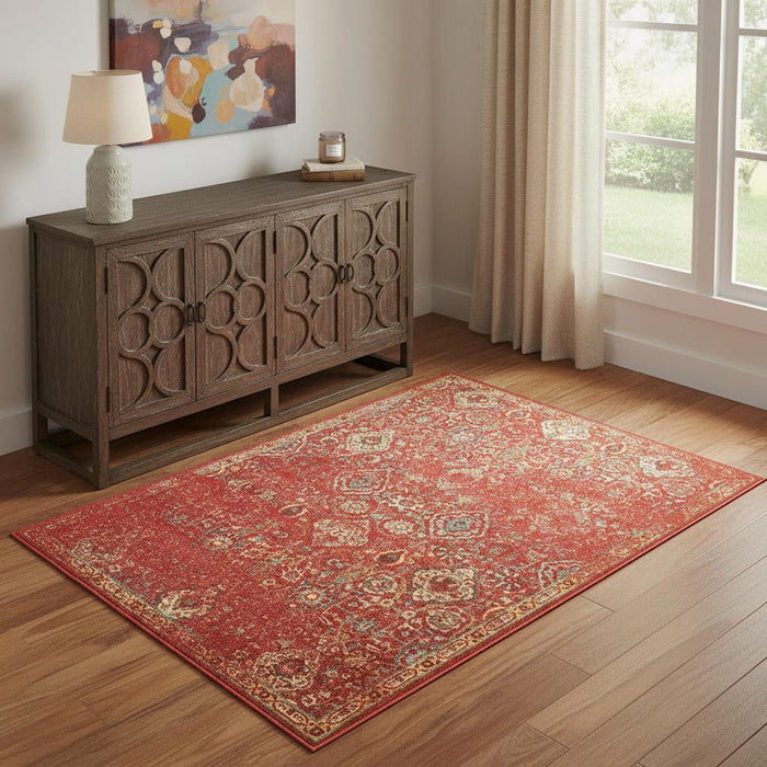 4' X 6' Floral Distressed Non Skid Area Rug (550550) - Brick Red / Tan