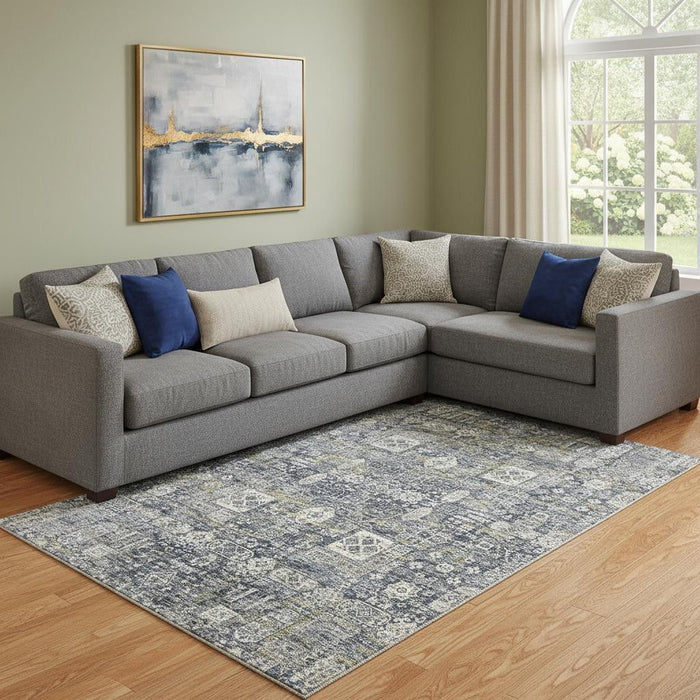 10' X 14' Floral Washable Area Rug With UV Protection (653368) - Charcoal / Ivory / Gold