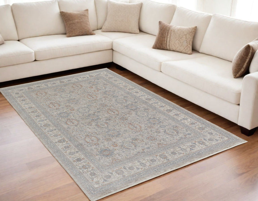 5' x 7' Oriental Power Loom Worn Faded Area Rug With Fringe - Silver Taupe And Blue