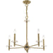 HomeRoots five-light metal chandelier with shades in antiqued brass finish and clear glass, dimmable for adjustable lighting.