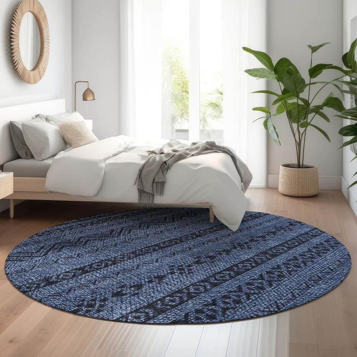8' Southwestern Washable Round Rug With UV Protection - Navy Blue And Gray