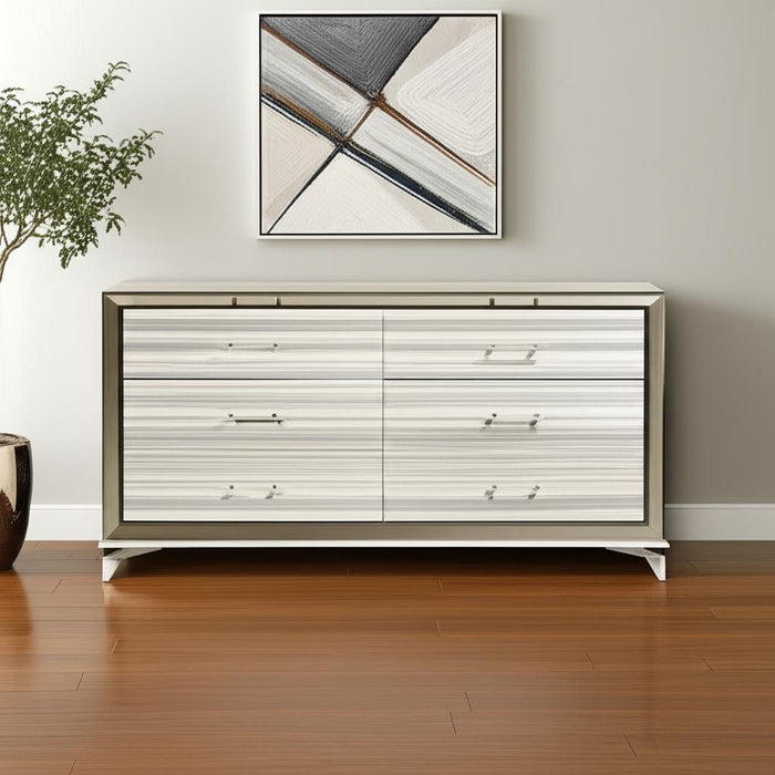 64" Wood Six Drawer Double Dresser - Silver And White