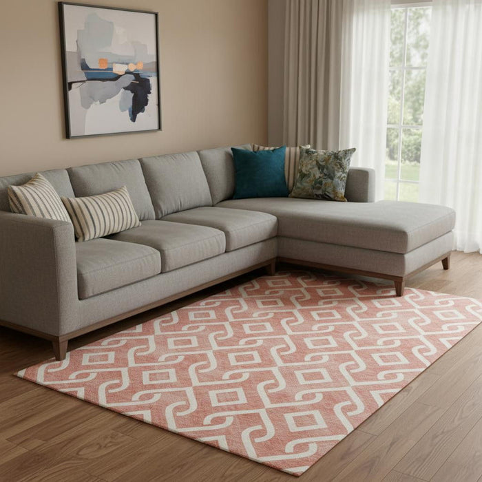 10' X 14' Geometric Washable Area Rug With UV Protection (652581) - Salmon / Ivory
