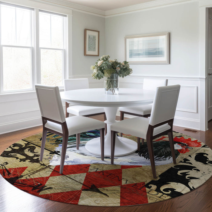 8' Animal Print Washable Round Rug With UV Protection - Midnight And Beige