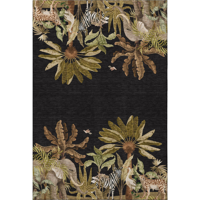 9' X 12' Tropical Botanical Distressed Washable Area Rug With UV Protection (646354) - Midnight / Brown / Olive Green