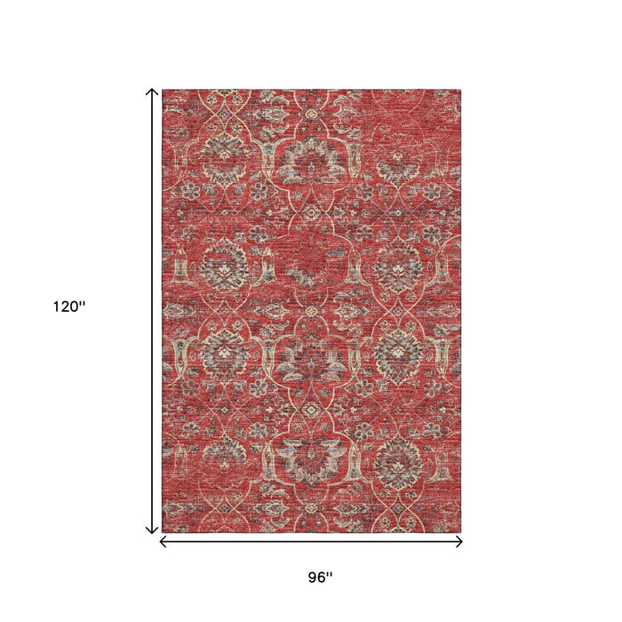 8' X 10' Floral Medallion Distressed Washable Area Rug With UV Protection (644590) - Red / Beige