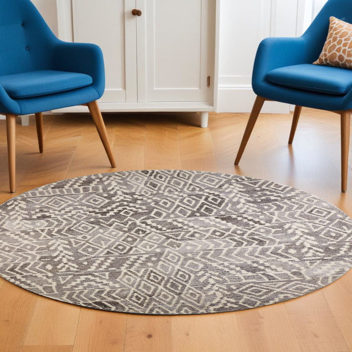 8' Round Wool Abstract Hand Tufted Area Rug - Gray And White
