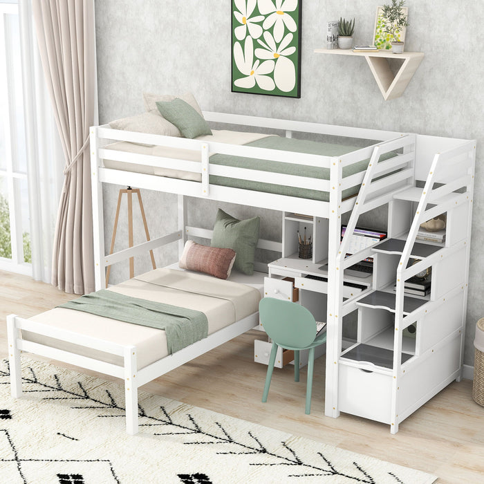 Giga loft bed with standalone bed, storage staircase, desk, shelves, and drawers in a modern bedroom setup.