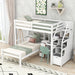 Giga loft bed with standalone bed, storage staircase, desk, shelves, and drawers in a modern bedroom setup.