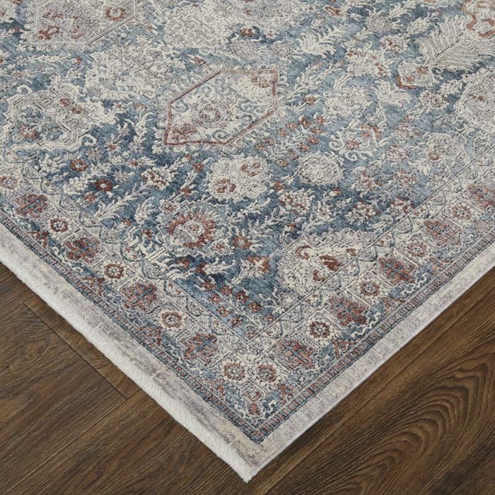 8' x 10' Floral Power Loom Stain Resistant Area Rug - Blue And Ivory