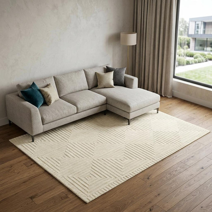 9' X 13' Wool Geometric Hand Knotted Area Rug (744384) - Ivory / Beige