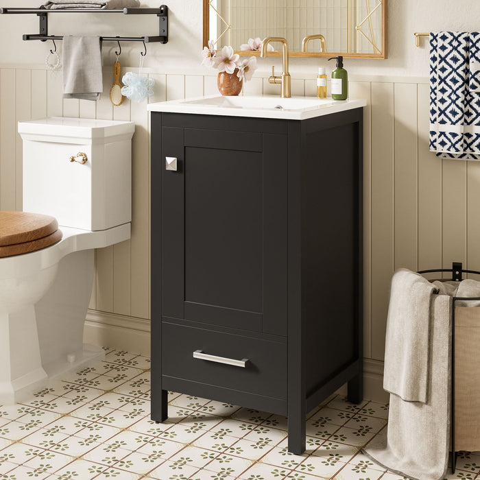 Giga bathroom vanity with ceramic sink, soft-close drawers, door organizer, divider drawer, and adjustable foot pads.