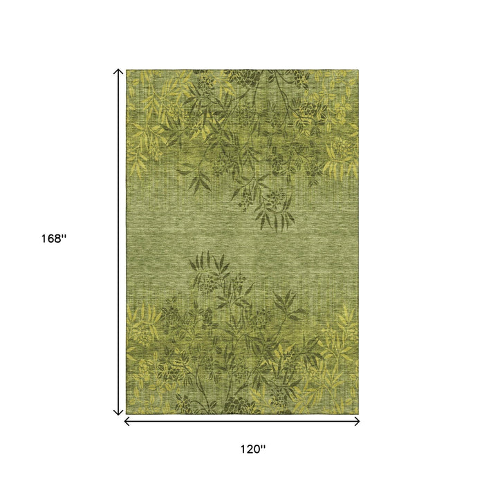 10' X 14' Floral Washable Area Rug With UV Protection (655662) - Olive Green / Gold