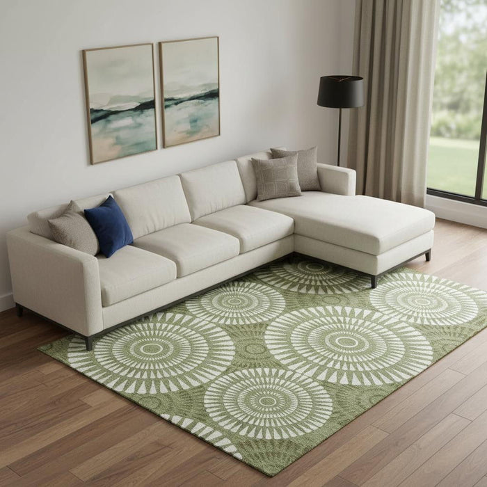 10' X 14' Geometric Washable Area Rug With UV Protection (669793) - Green / Ivory