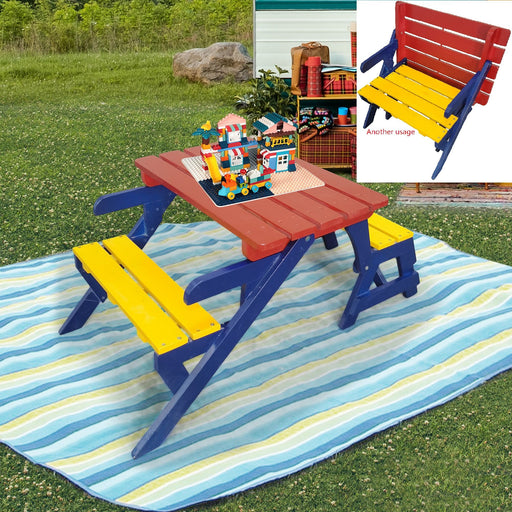 Giga kids multi-functional outdoor arm chair, table, and two benches set, ideal for children’s outdoor play and seating.