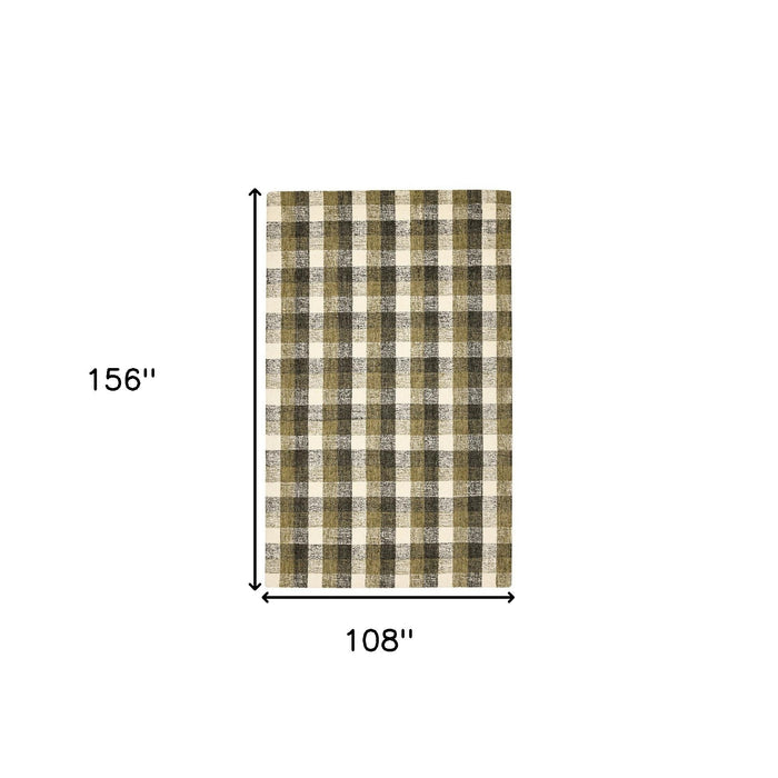 9' X 13' Khaki Wool Plaid Hand Tufted Area Rug - Charcoal