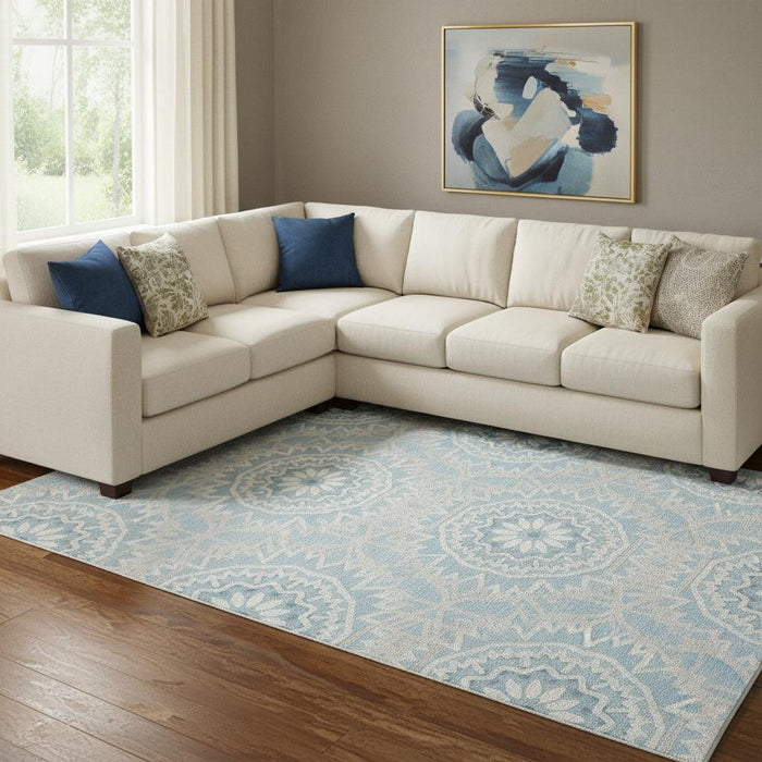 10' X 14' Geometric Washable Area Rug With UV Protection (652221) - Denim Blue / Ivory