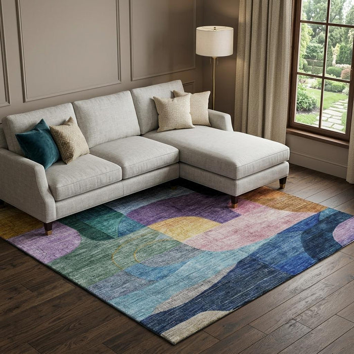 10' X 14' Abstract Geometric Washable Area Rug With UV Protection (684750) - Blue / Orange / Pink / Purple