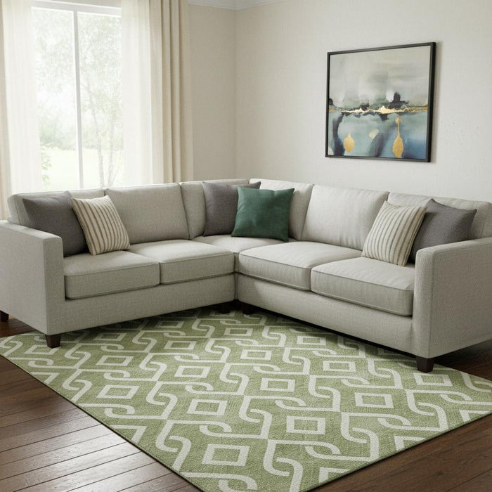 10' X 14' Geometric Washable Area Rug With UV Protection (652503) - Green / Ivory