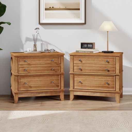 Set of two Giga Hazel 3-drawer side tables in natural wood finish, ideal for living room, hallway, or entryway decor.