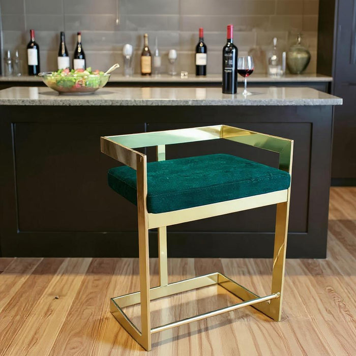 30" Metal And Velvet Low Back Bar Height Bar Chair - Green / Gold