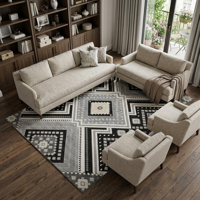 10' X 14' Tribal Washable Area Rug With UV Protection (679258) - Black / Gray / Silver