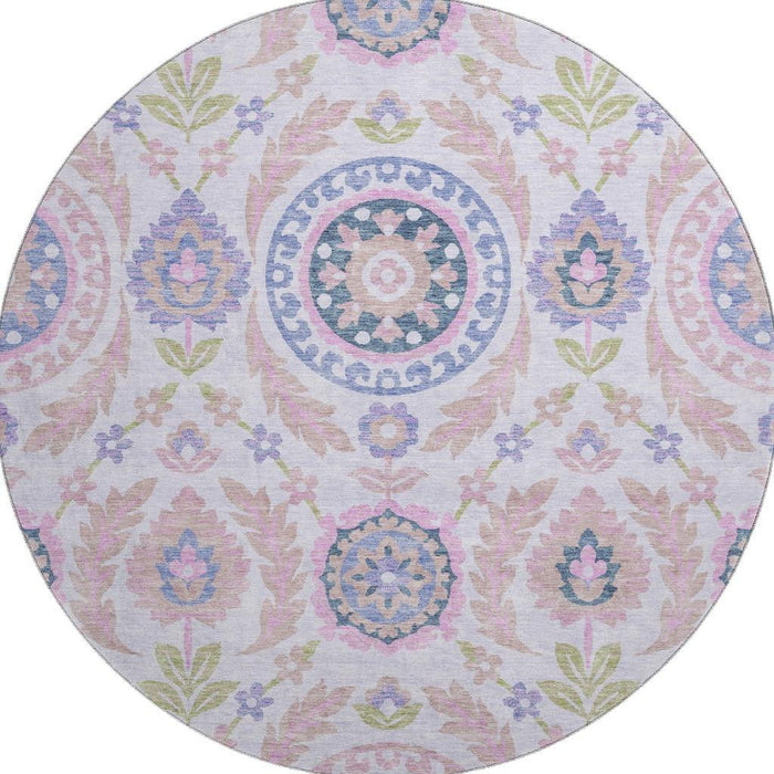 8' Transitional Floral Washable Round Rug With UV Protection - Blush