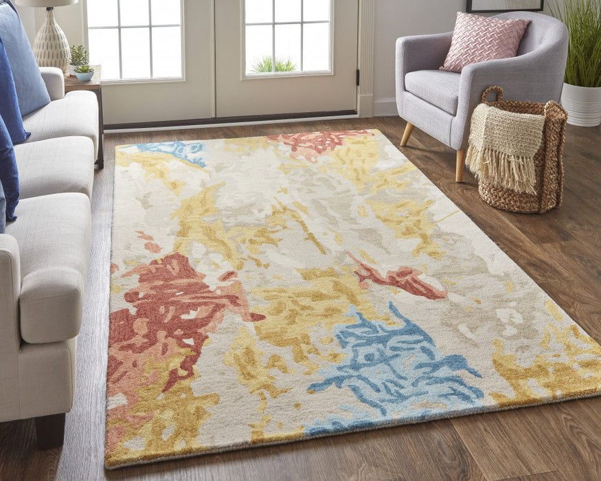 9' x 12' Wool Abstract Tufted Handmade Stain Resistant Area Rug - Ivory Yellow And Blue