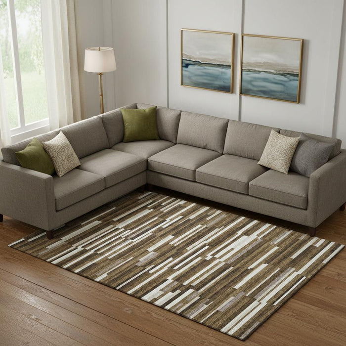 10' X 14' Striped Washable Area Rug With UV Protection (671054) - Brown / Ivory