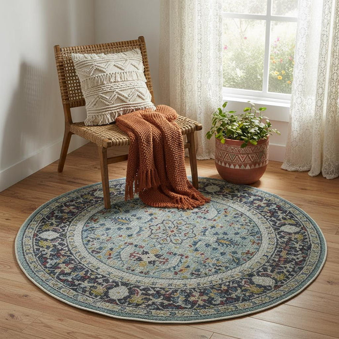 4' Floral Distressed Round Rug (550525) - Sky Blue
